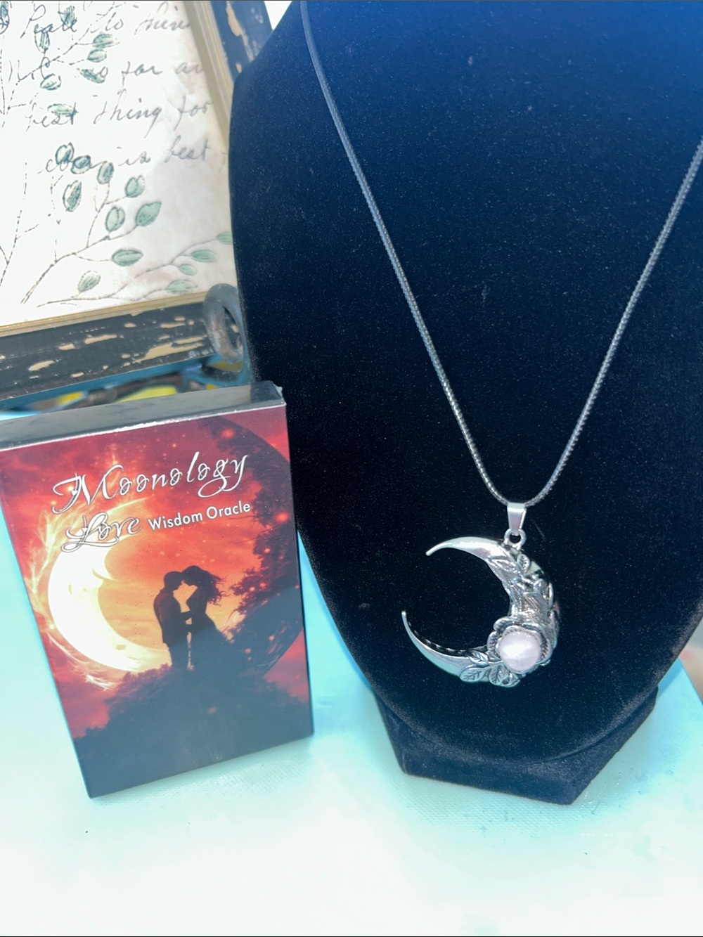 Pale Rose Quartz Crescent Moon Pendant 1.5” Dia with Moonology Love Oracle Cards - Picture 2 of 5